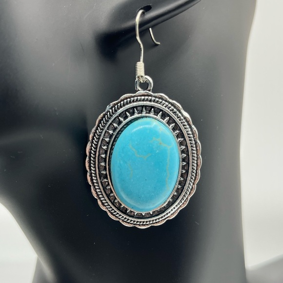 WOMEN’S Vintage Oval Cabochon Semiprecious Metal Earrings Silvertone - Picture 5 of 14